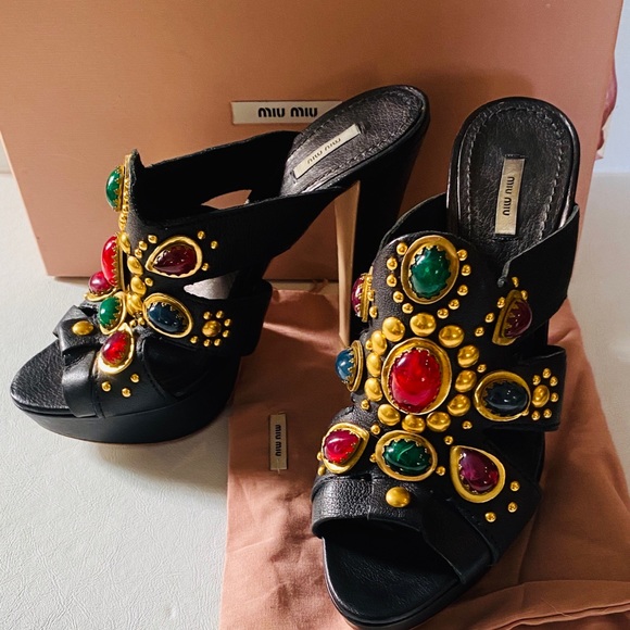 $750 MIU MIU Multicolor Stone Stud Platform 38.5 - Picture 2 of 16
